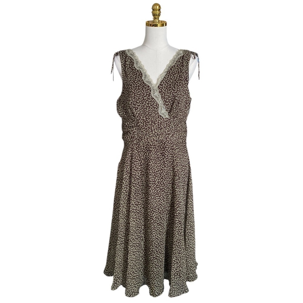Connected Apparel Vtg Brown Polka Dot Lace Trim V-Neck Sheer Midi Dress Size 16